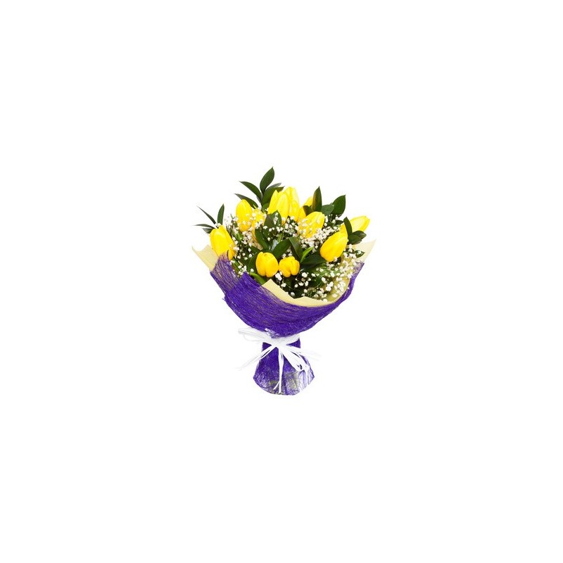 Bouqut di tulipani gialli e fiori di nebbia.